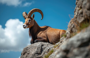 Fototapeta premium Markhor male rests on rocky mountain peak against blue sky with clouds. Wild goat, Capra falconeri, shows large curved horns and long beard. Animal in natural habitat.