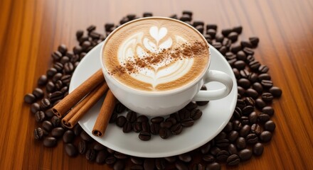 Close up photo of a latte art coffee cup on a saucer with cinnamon