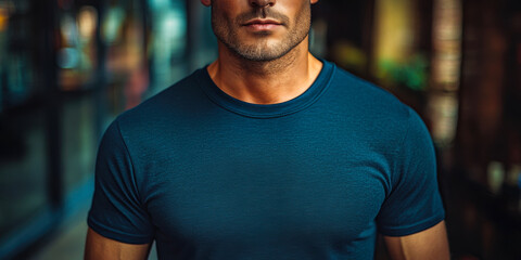 Closeup of muscular man wearing plain dark blue t shirt with blurred urban background for casual fashion concept or fitness lifestyle clothing apparel advertising