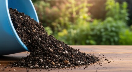 Close up of rich potting soil being poured onto wooden surface