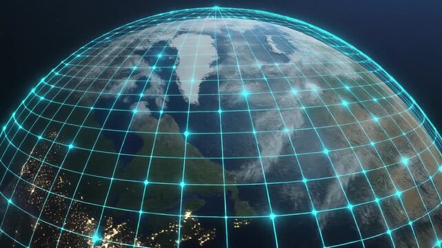 Glowing Digital Grid Overlay on Earth Globe with City Lights at Night Keywords: earth, globe, planet, world, digital, grid, network