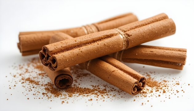 Isolated fragrant cinnamon sticks on a clear backdrop