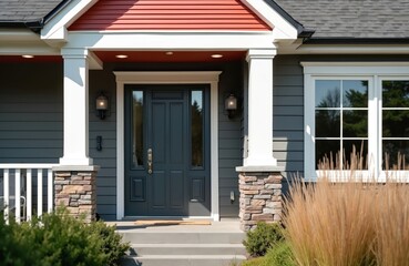 Naklejka premium Modern house exterior features dark gray siding, red gable accent. Front door dark, flanked by lanterns. Stone columns support porch roof. Window, neat landscaping complete residential facade of