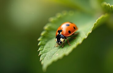 Fototapeta premium Ladybug sits on green leaf in garden. Orange beetle crawls on plant in sunny weather. Closeup of coccinellidae insect in natural habitat with blurred background. Summer time.