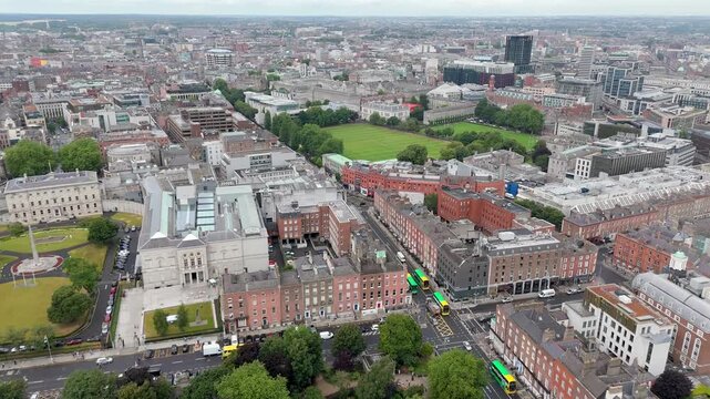 Aerial view of Trinity College, the National Gallery and Leinster House, the Government Building in Dublin, Ireland.