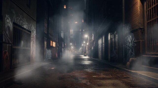 Gritty Urban Alleyway at Night with Fog and Graffiti image photo