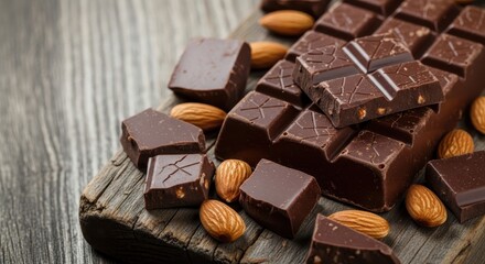 Dark chocolate with almonds arranged on a rustic wooden surface