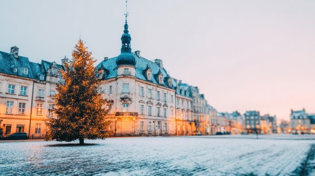 Winter scene with decorated tree in front of historic building at sunset