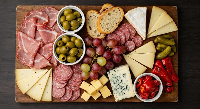 Overhead view of an elaborate charcuterie board filled with meats, cheeses, olives, grapes, and breads