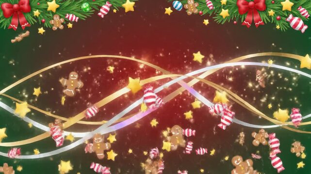 Festive Christmas holiday background design with swirling golden ribbons, gingerbread men, and sparkling stars on a magical red backdrop