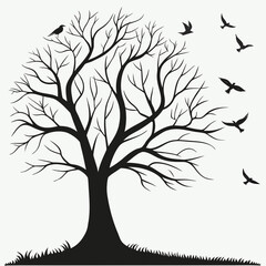 Obraz premium Silhouette of a bare winter tree with intricate branches and a single bird perched on top while a flock of birds takes flight in the background against a clean white backdrop