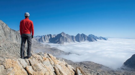 Mountain climber enjoys stunning view above the clouds on a clear day
