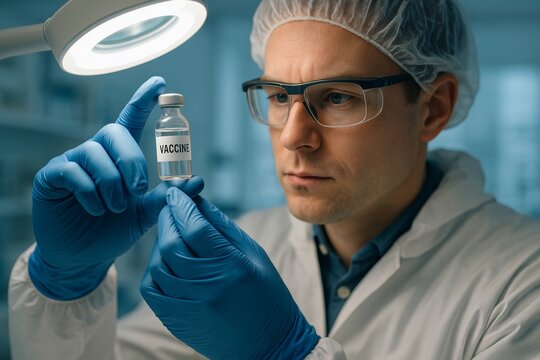 Scientist inspects a vaccine vial under bright lab light, realistic photo style, with sterile blue-toned laboratory background, concept of medical research. Ai generative