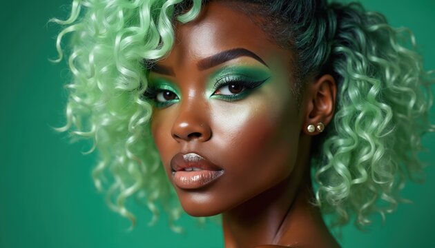 Beautiful young black woman features vibrant curly ombre green hair. Wears striking green eye make up, with perfect winged eyeliner, long lashes, glossy full lips. Stylish modern fashion beauty