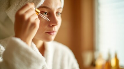 Woman applying skincare serum in peaceful indoor setting during morning routine