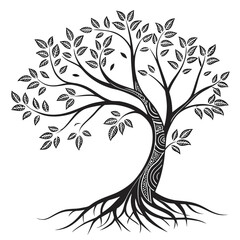 Obraz premium Stylized black and white tree with intricate patterned bark and visible roots representing growth nature and life
