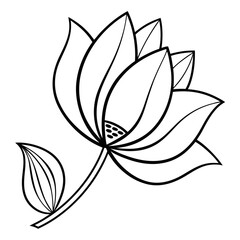 A minimalist black and white line art illustration of a blooming lotus flower with a single leaf on a white background representing purity and tranquility