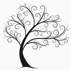 Obraz premium Elegant black silhouette of a stylized tree with swirling branches and small dots on a white background perfect for design elements and artistic concepts