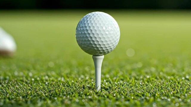 Golf ball being placed on a tee on a green field.