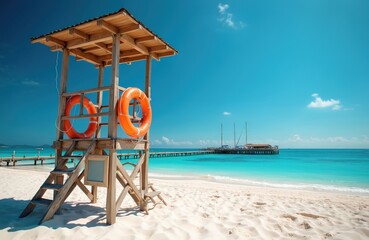 Lifeguard tower stands on sandy beach with turquoise sea. Wooden lifeguard station with orange lifebuoys overlook tropical paradise at sunny day. Vacationers enjoy coast with pier, harbor on island.
