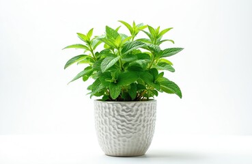 Naklejka premium Green mint plant grows in a white textured pot on a plain white background. Leaves are fresh and healthy. This herb is suitable for cooking, drinks, or natural remedies.