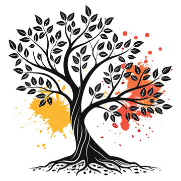 Stylized black silhouette of a tree with vibrant orange and yellow splatter paint accents and detailed roots on a white background