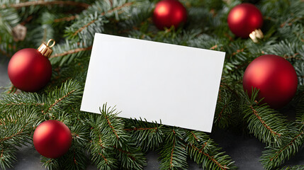 Festive Christmas mockup with a blank white card for your holiday message, surrounded by elegant red bauble decoration and fresh green fir branches.
