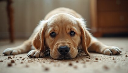 Guilty golden retriever puppy lies on floor. Pet made a mess with soil and dirt. Dog looks sad. Naughty playful dog is at home indoor. Cute young dog wants attention.
