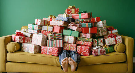 Massive Stack of Colorful Christmas Presents Completely Buries a Person on a Yellow Sofa Against a Green Wall