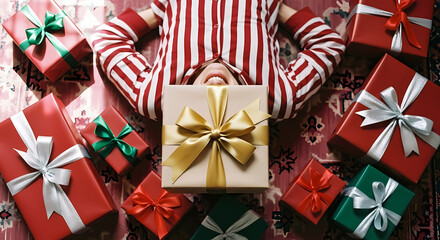 Obraz premium Joyful Person in Striped Christmas Pajamas Lying On The Floor Surrounded By An Abundance of Colorful Holiday Presents