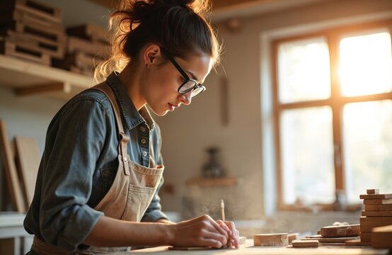 Young woman carpenter designs new wood furniture, focused on craft. Works in sunny workshop, carefully shaping timber piece with hands. Wood dust rises around. Female entrepreneur builds small
