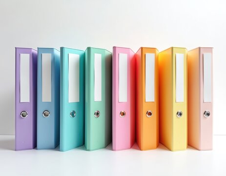 Row of colorful binders with blank labels stand on a white surface. Pastel storage folders offer neat organization for paperwork and documents. Files for office or home use.