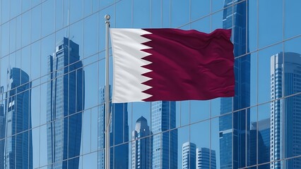 Waving Qatar flag against a modern glass skyscraper, reflecting Doha's vibrant city skyline.