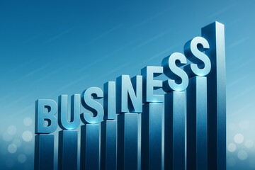 Metallic 3D text spelling BUSINESS shaped like rising bars, stylized in a futuristic graphic style, set against a gradient blue background, concept of economic growth. Ai generative