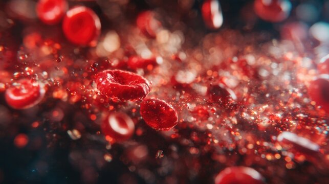 Red blood cells floating in a vibrant, microscopic scene of human biology - Powered by Adobe