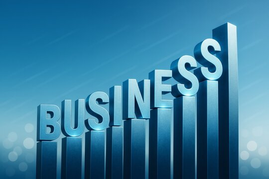 Metallic 3D text spelling BUSINESS shaped like rising bars, stylized in a futuristic graphic style, set against a gradient blue background, concept of economic growth. Ai generative