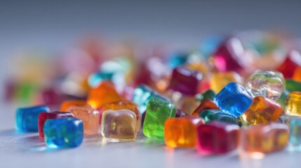 Colorful gummy candies scattered on a surface in a playful arrangement