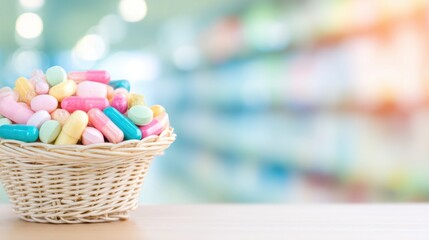 Colorful candy assortment in a decorative basket on a store shelf