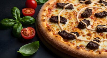 Delicious pizza with meat toppings garnished with fresh basil and tomatoes a culinary delight