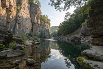 Fototapeta premium Serene River Scene Surrounded by Cliffs at Sunset