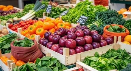 Fresh produce including apples tomatoes and peppers on display at farmers market