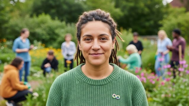 Portrait of a Smiling Woman in a Garden Working with a Community Group on Sustainability