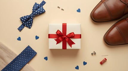 Flat lay of a wrapped gift with red bow, brown leather shoes, blue bow tie and tie, sewing accessories, and heart decorations on a beige background. Perfect for Father’s Day, men’s gifts