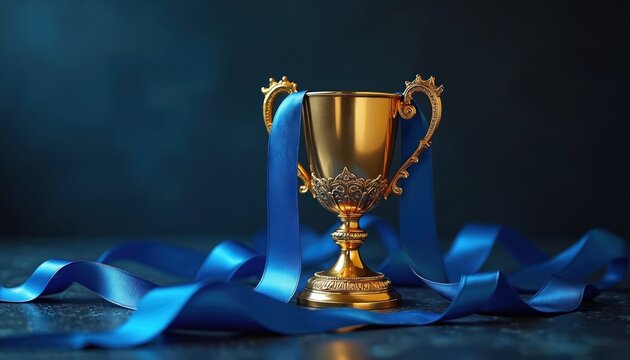 Golden trophy cup with blue ribbon on dark background. It represents victory and awards. Shiny gold cup is a prize for success in sport event or business competition.