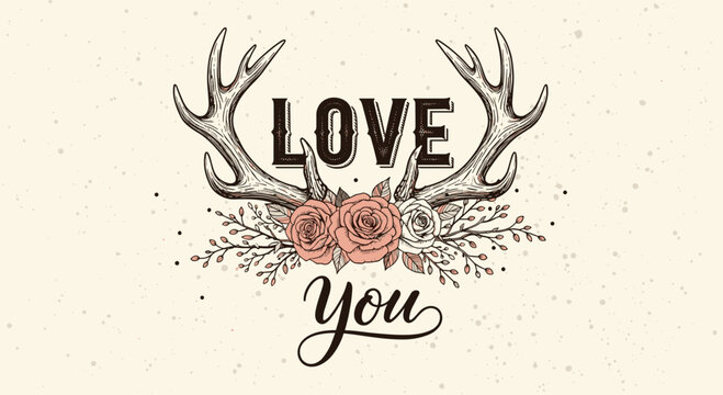 A hand-drawn illustration featuring rustic antlers, \.