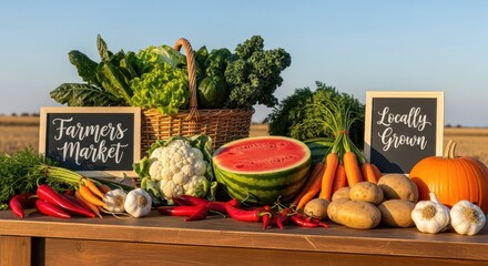 Fresh Variety of Vegetables and Watermelon Arranged on a Table