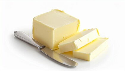 A clean, minimalist studio shot of a block of butter with two freshly sliced pieces next to a silver knife, set on a pure white background. The soft yellow tone highlights its creamy texture.