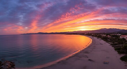 Panoramic beach view at dusk with fiery orange and purple clouds, calm sea, and distant mountains