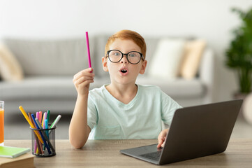 A smart redhead boy with glasses is studying at home using a laptop. He raises his hand with a pencil, showing excitement and looking for creative solutions to his work.