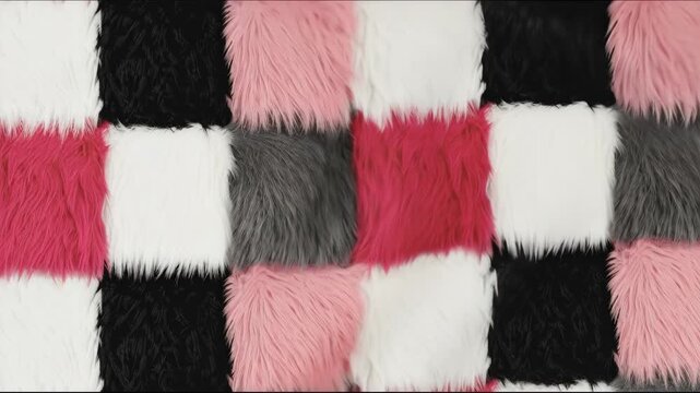 Faux fur patchwork quilt pattern with varying textures and colors. Abstract fur background for fashion or textile design.
